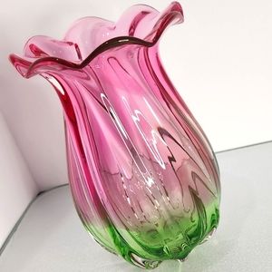 Teleflora vintage handblown berry pink/green‎ fade budding flower glass vase